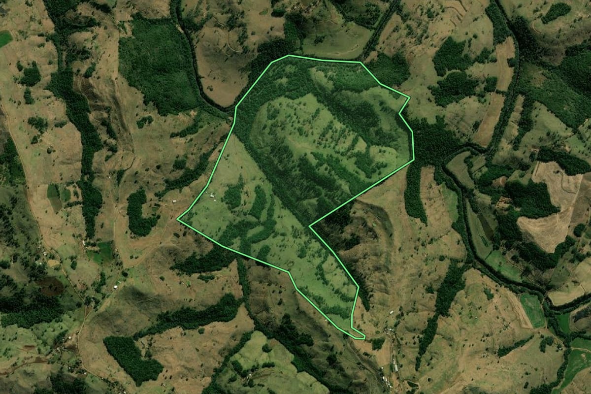 Imagem de satélite do imóvel rural em Salgado Filho (PR), com o contorno declarado no CAR desenhado por cima.
