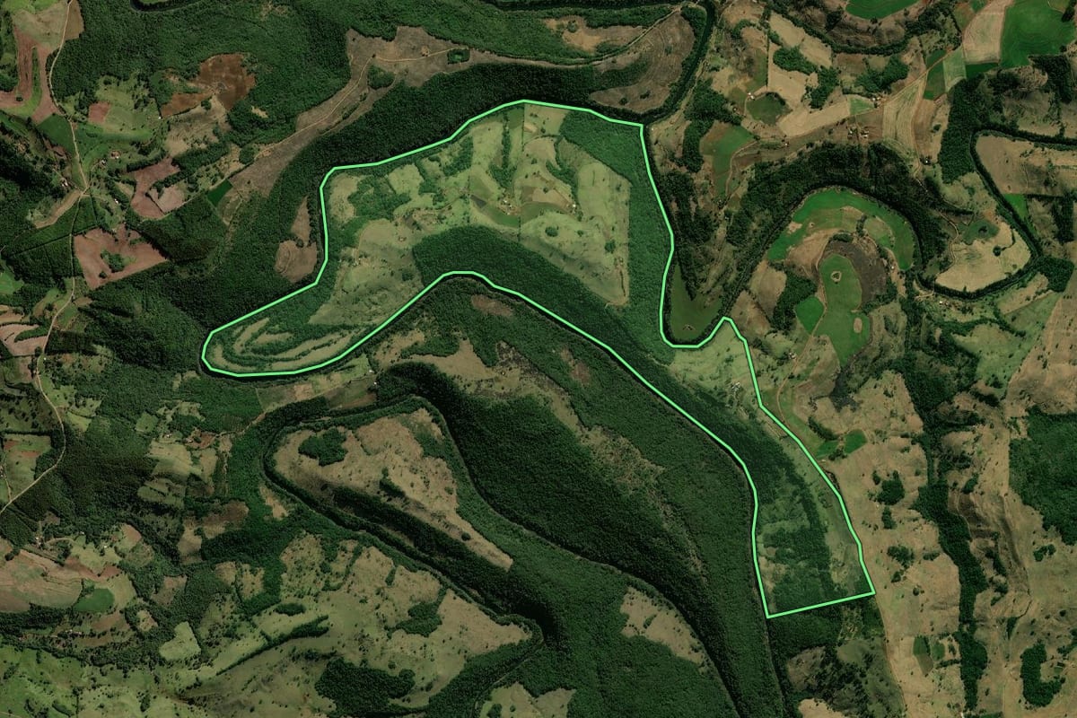 Imagem de satélite do imóvel rural em Salgado Filho (PR), com o contorno declarado no CAR desenhado por cima.