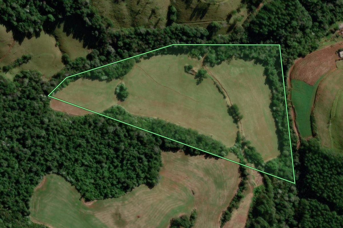 Imagem de satélite do imóvel rural em Salgado Filho (PR), com o contorno declarado no CAR desenhado por cima.