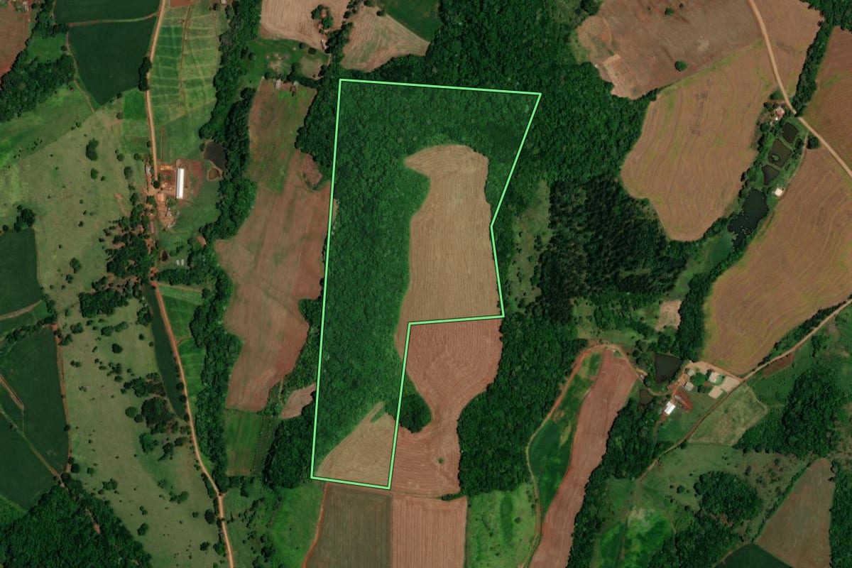 Imagem de satélite do imóvel rural em Salto do Lontra (PR), com o contorno declarado no CAR desenhado por cima.
