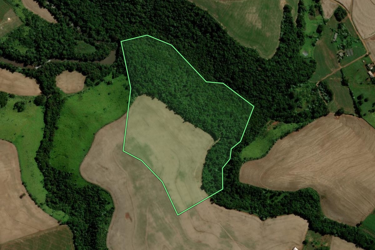 Imagem de satélite do imóvel rural em Salto do Lontra (PR), com o contorno declarado no CAR desenhado por cima.