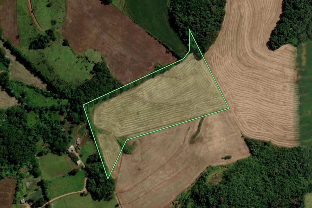 Imagem de satélite do imóvel rural em Salto do Lontra (PR), com o contorno declarado no CAR desenhado por cima.