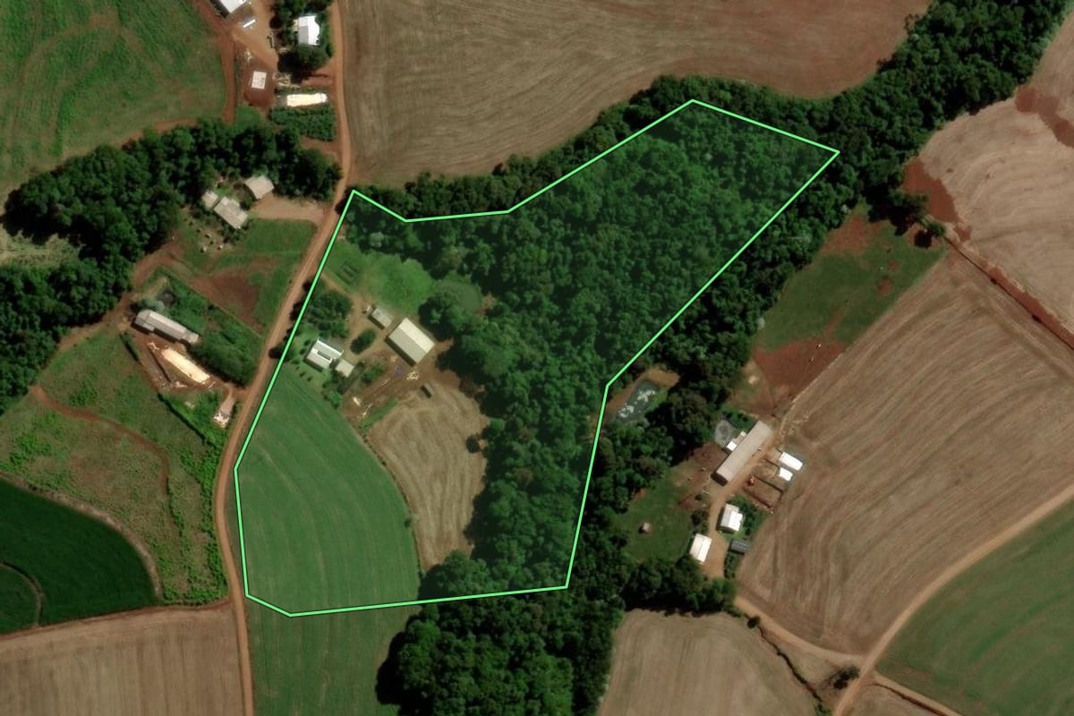 Imagem de satélite do imóvel rural em Salto do Lontra (PR), com o contorno declarado no CAR desenhado por cima.