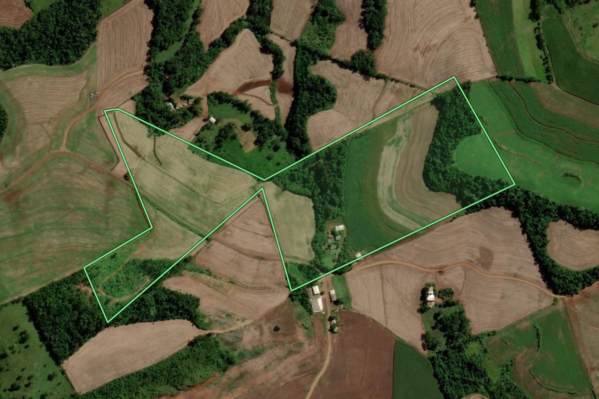 Imagem de satélite do imóvel rural em Salto do Lontra (PR), com o contorno declarado no CAR desenhado por cima.