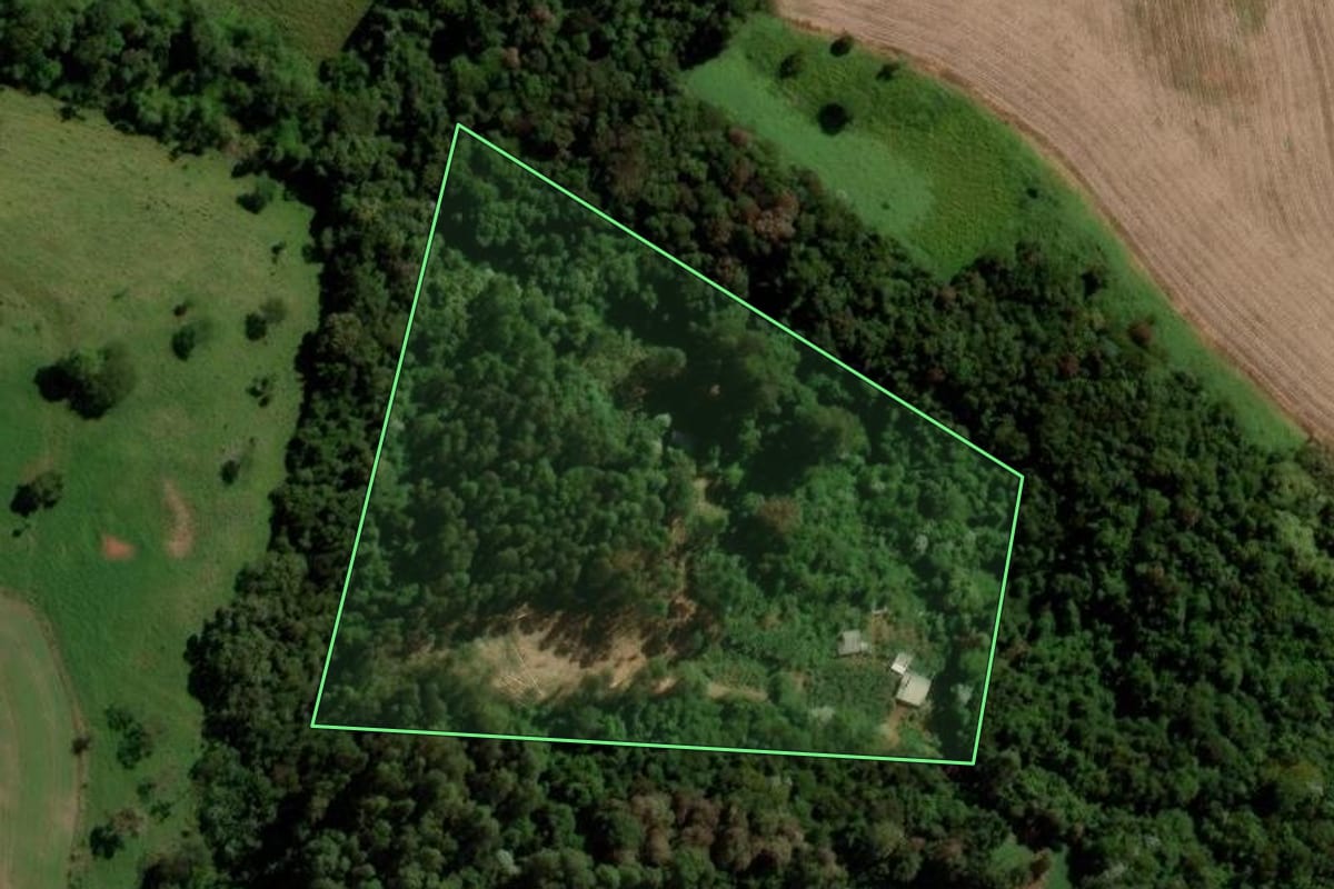 Imagem de satélite do imóvel rural em Salto do Lontra (PR), com o contorno declarado no CAR desenhado por cima.
