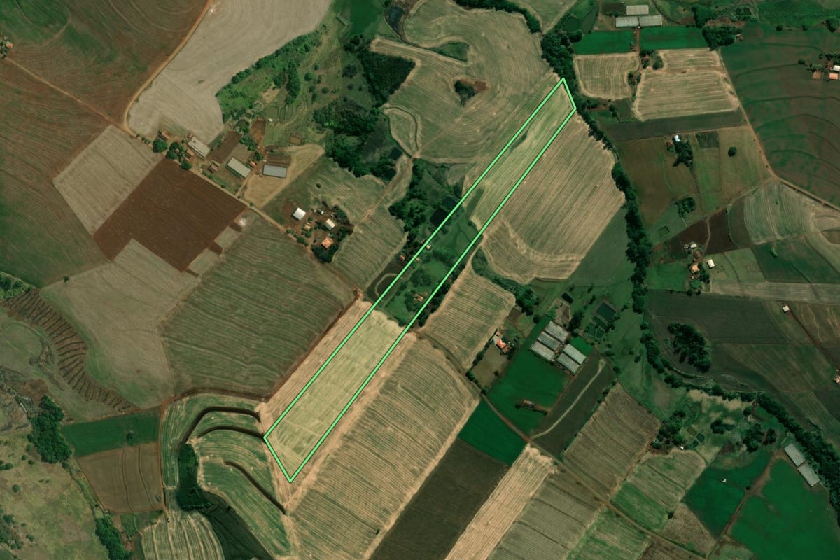 Imagem de satélite do imóvel rural em Santa Amélia (PR), com o contorno declarado no CAR desenhado por cima.