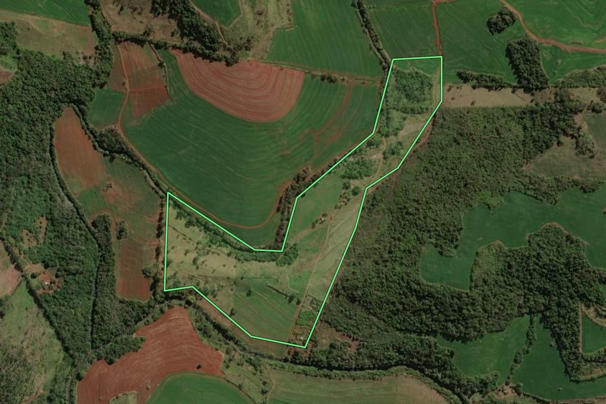 Imagem de satélite do imóvel rural em Santa Cecília do Pavão (PR), com o contorno declarado no CAR desenhado por cima.