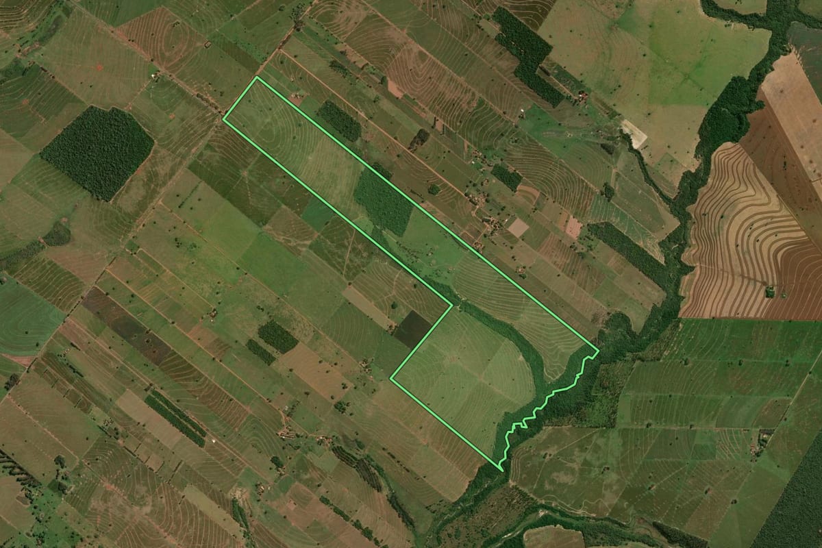 Imagem de satélite do imóvel rural em Santa Cruz de Monte Castelo (PR), com o contorno declarado no CAR desenhado por cima.