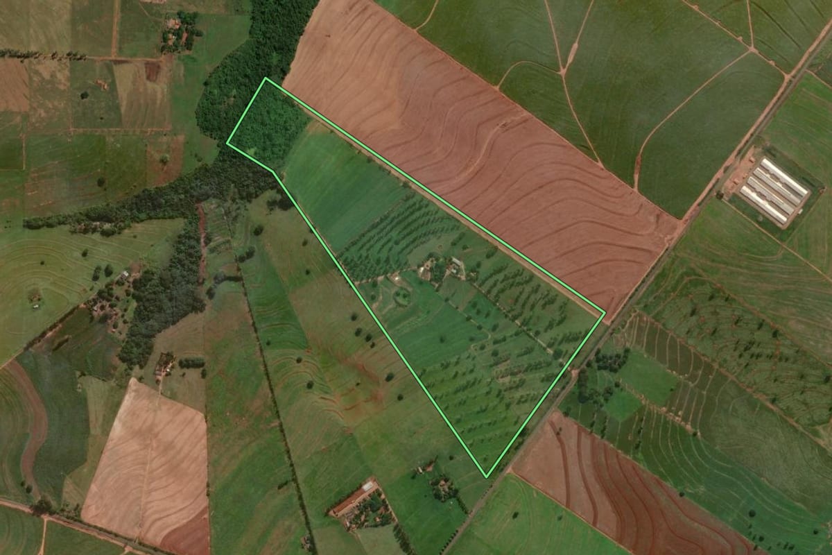 Imagem de satélite do imóvel rural em Santa Fé (PR), com o contorno declarado no CAR desenhado por cima.
