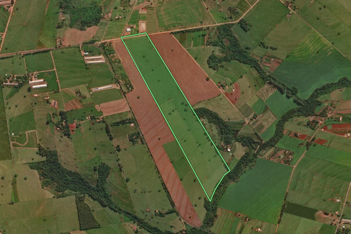 Imagem de satélite do imóvel rural em Santa Fé (PR), com o contorno declarado no CAR desenhado por cima.