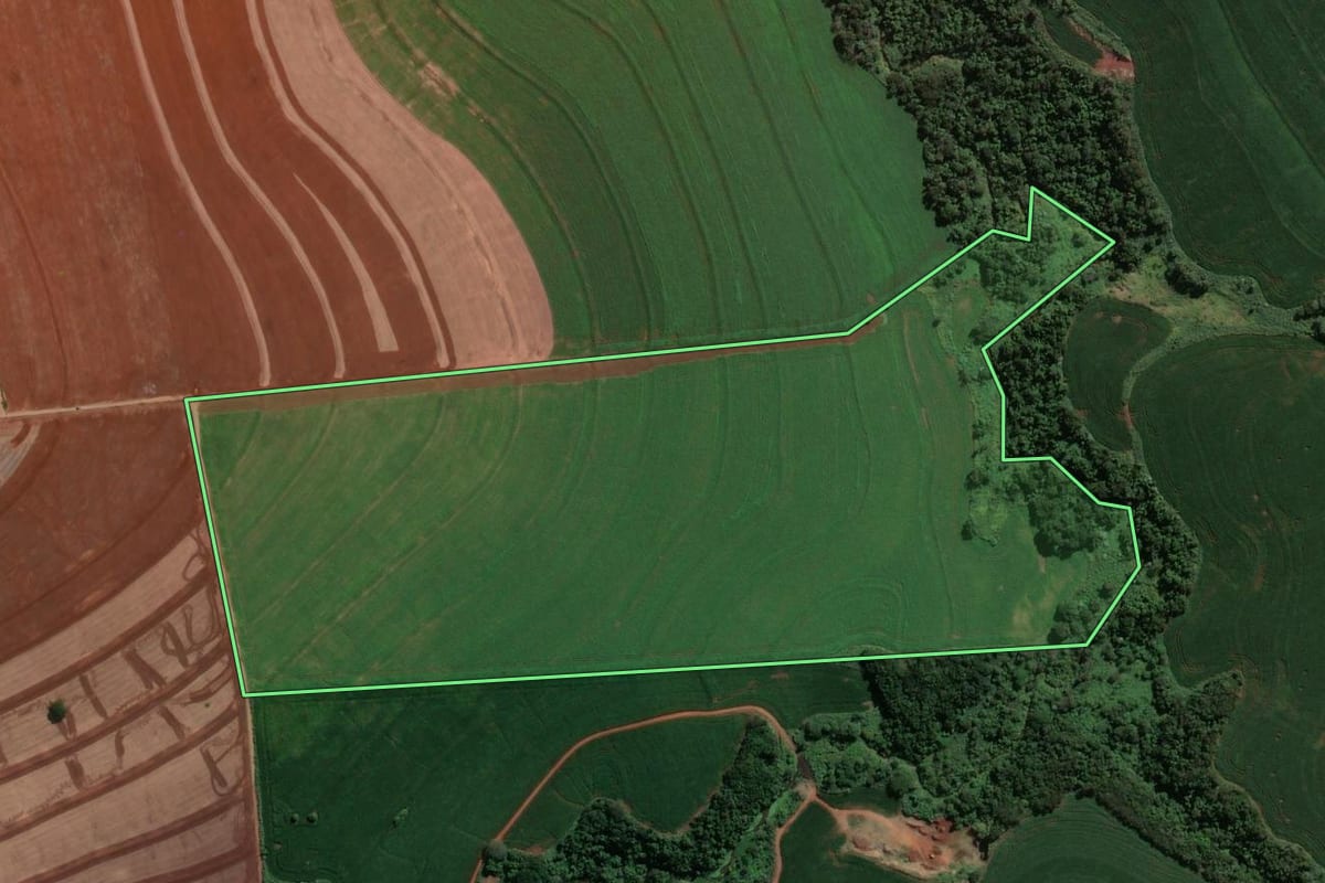 Imagem de satélite do imóvel rural em Santa Fé (PR), com o contorno declarado no CAR desenhado por cima.