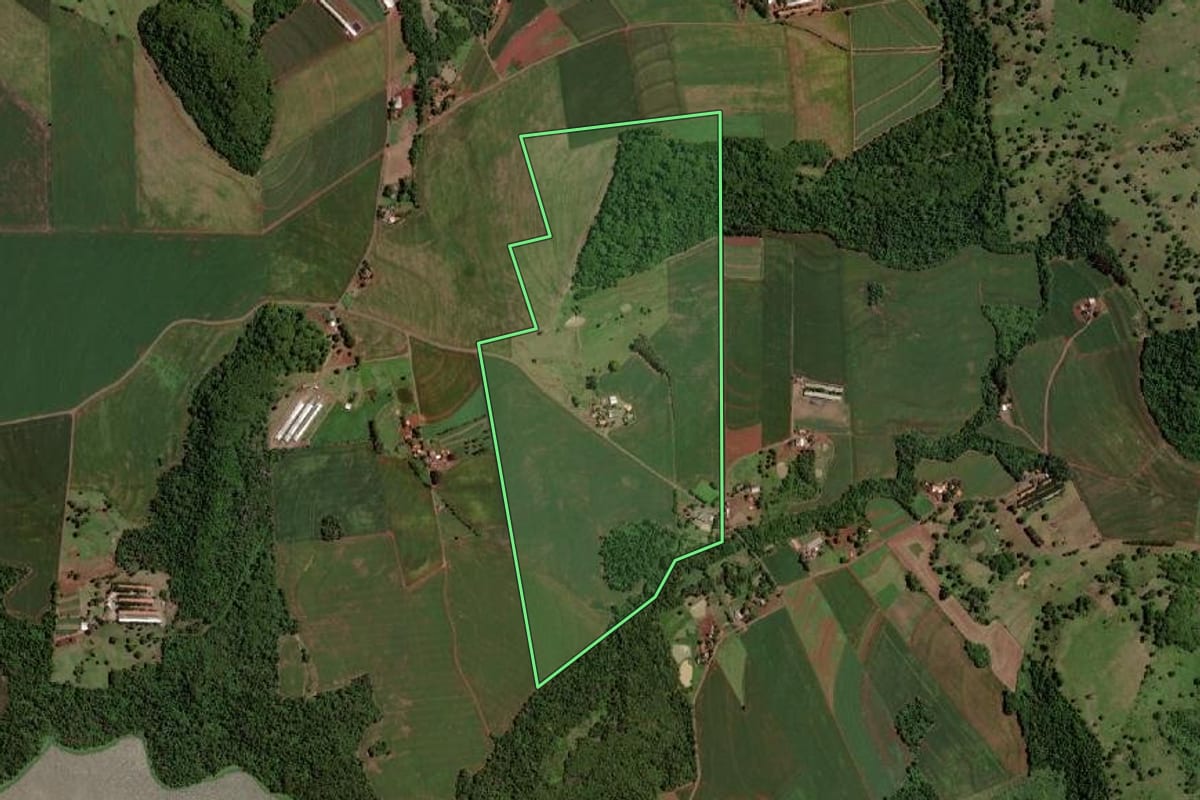 Imagem de satélite do imóvel rural em Santa Helena (PR), com o contorno declarado no CAR desenhado por cima.