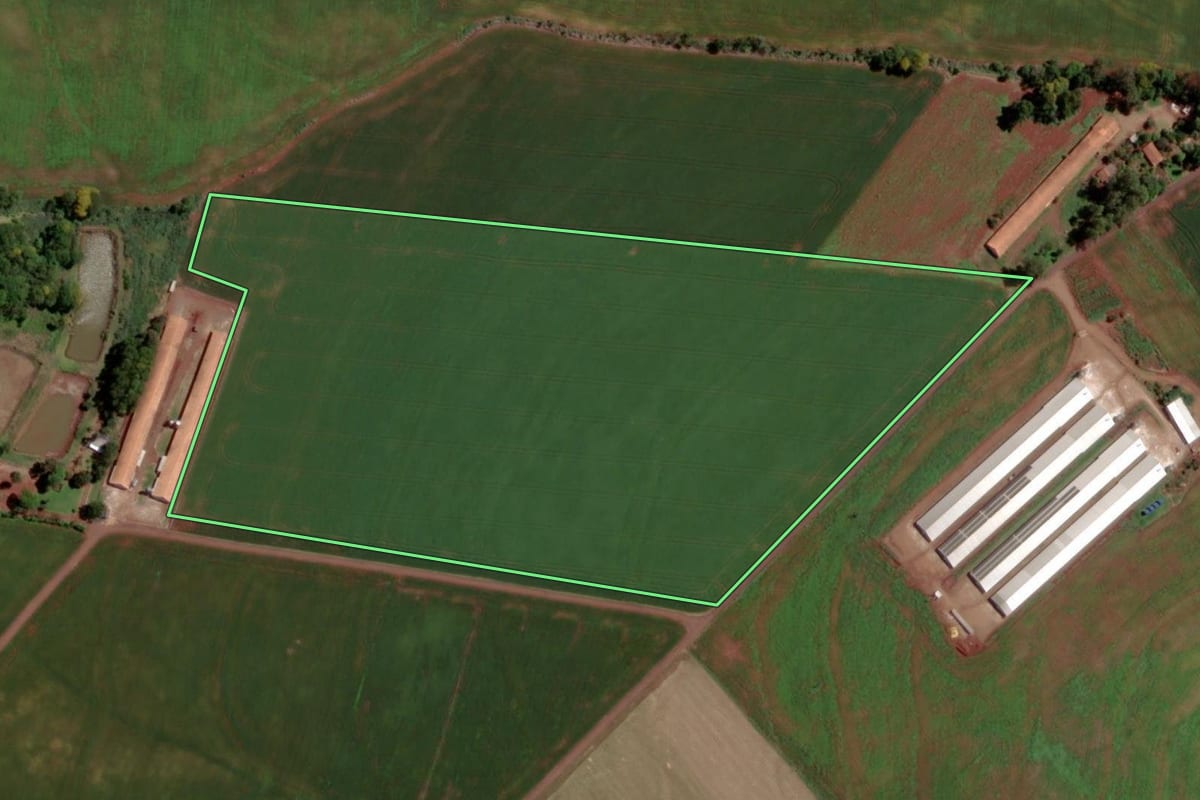 Imagem de satélite do imóvel rural em Santa Helena (PR), com o contorno declarado no CAR desenhado por cima.