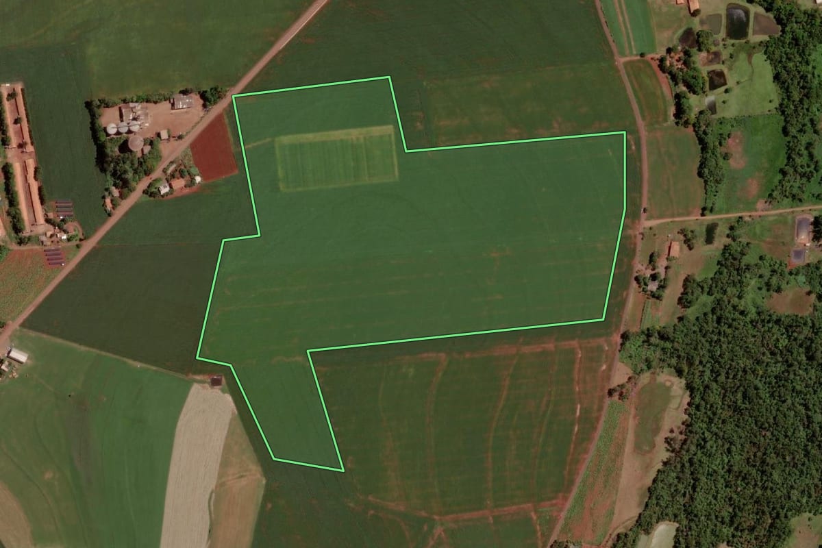 Imagem de satélite do imóvel rural em Santa Helena (PR), com o contorno declarado no CAR desenhado por cima.