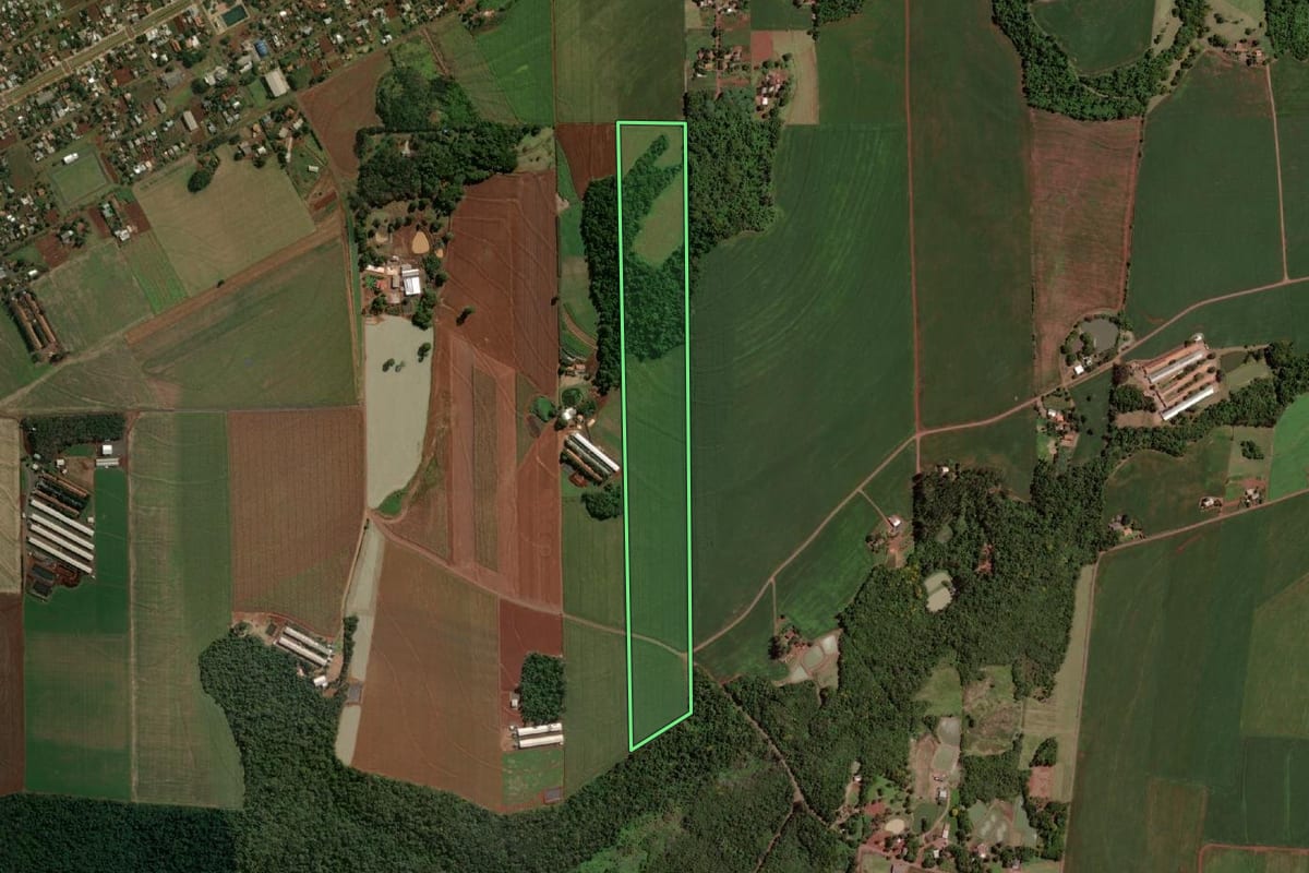 Imagem de satélite do imóvel rural em Santa Helena (PR), com o contorno declarado no CAR desenhado por cima.