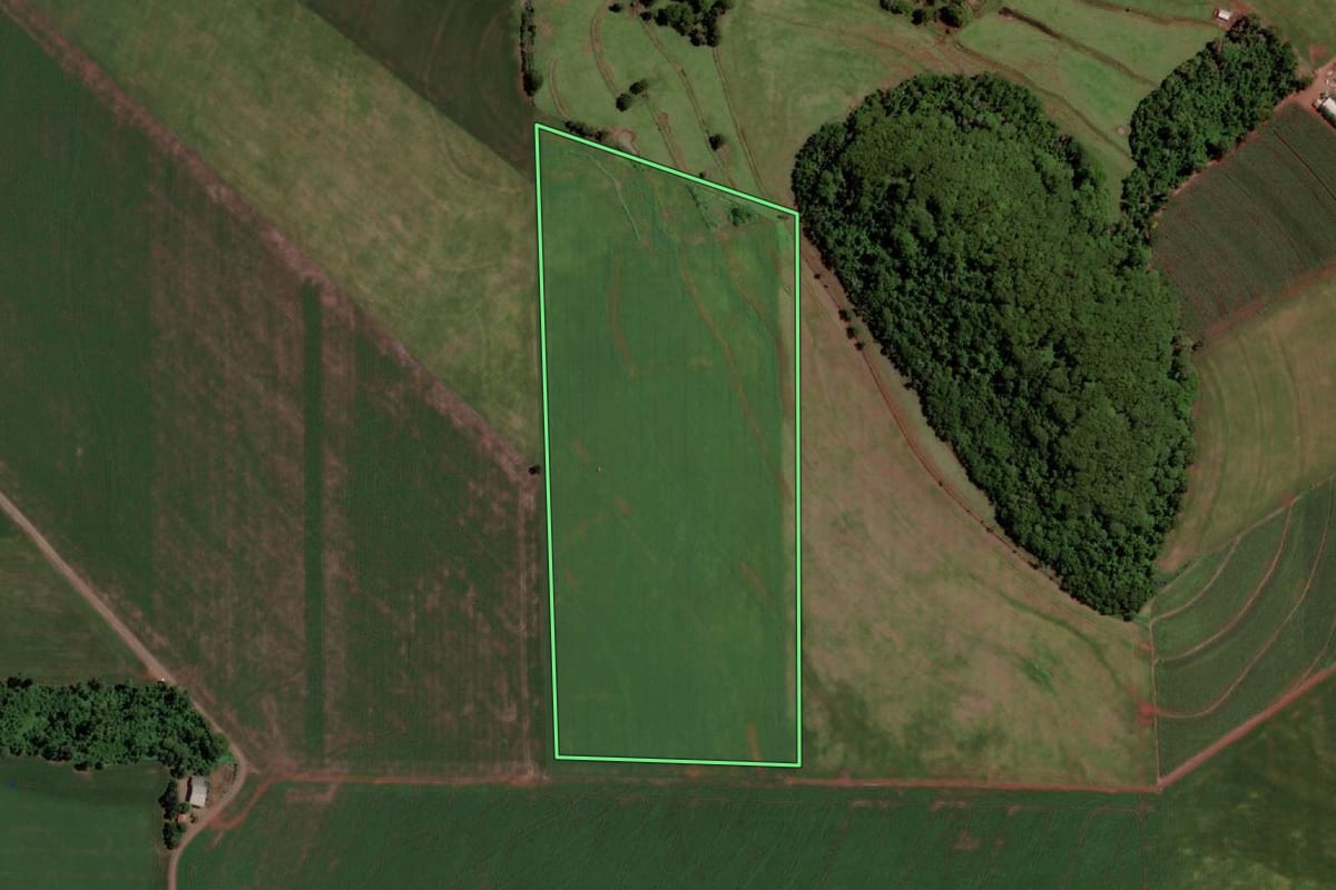 Imagem de satélite do imóvel rural em Santa Helena (PR), com o contorno declarado no CAR desenhado por cima.
