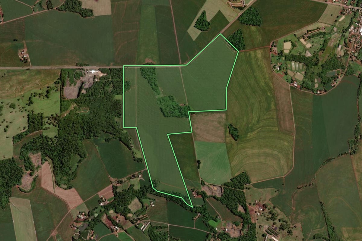 Imagem de satélite do imóvel rural em Santa Helena (PR), com o contorno declarado no CAR desenhado por cima.