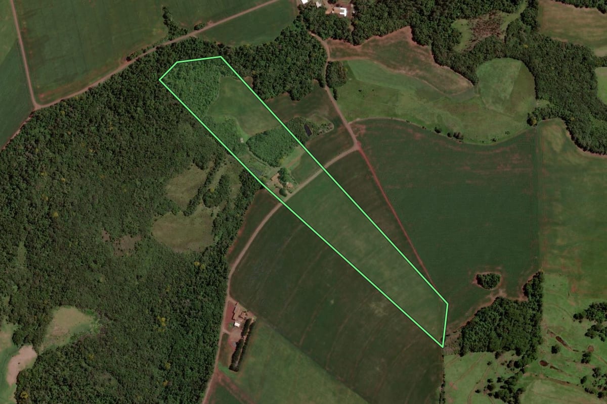 Imagem de satélite do imóvel rural em Santa Helena (PR), com o contorno declarado no CAR desenhado por cima.