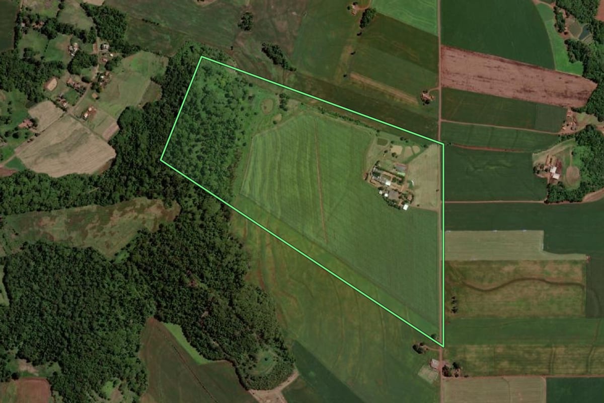 Imagem de satélite do imóvel rural em Santa Helena (PR), com o contorno declarado no CAR desenhado por cima.