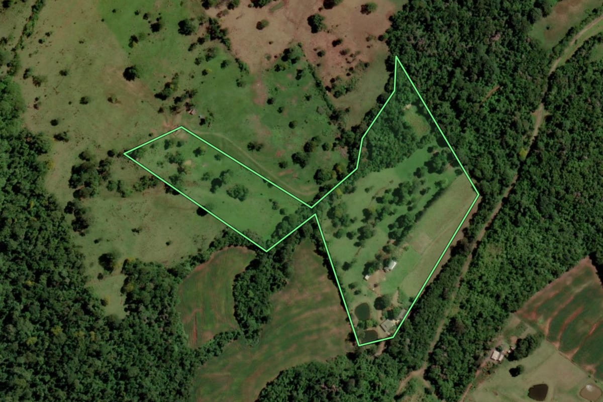 Imagem de satélite do imóvel rural em Santa Helena (PR), com o contorno declarado no CAR desenhado por cima.