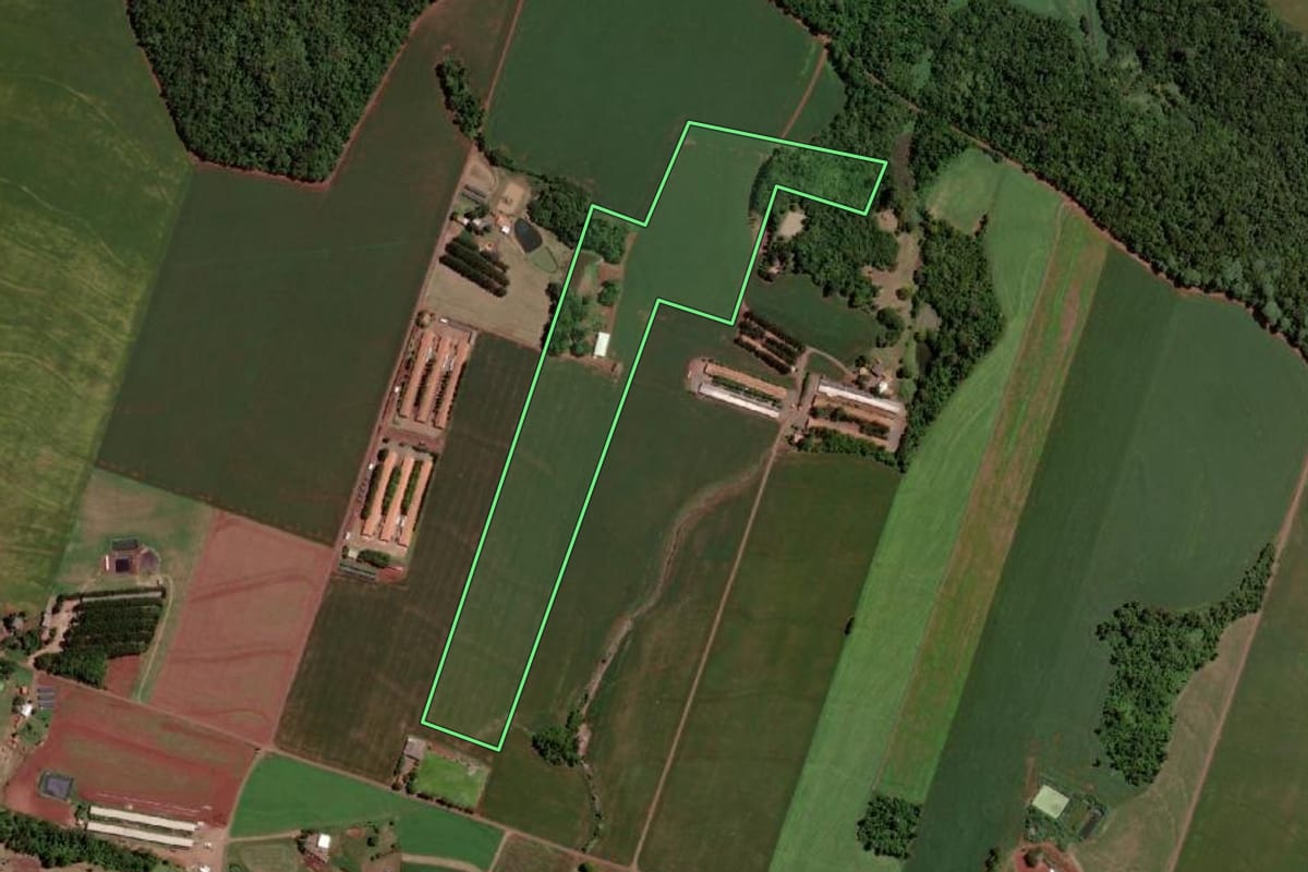 Imagem de satélite do imóvel rural em Santa Helena (PR), com o contorno declarado no CAR desenhado por cima.