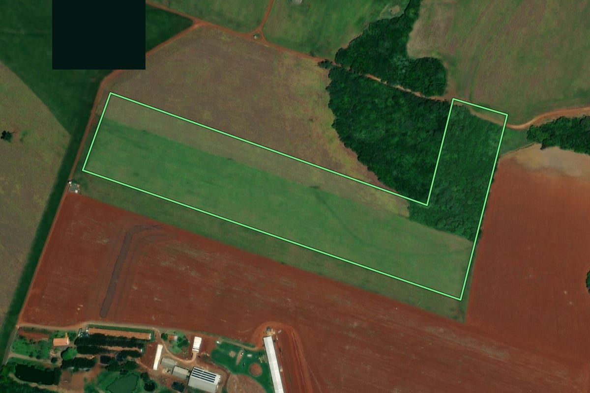 Imagem de satélite do imóvel rural em Santa Helena (PR), com o contorno declarado no CAR desenhado por cima.