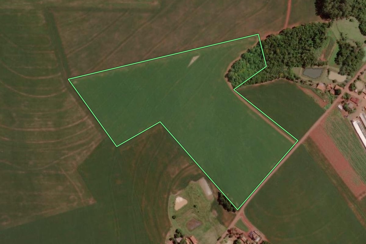 Imagem de satélite do imóvel rural em Santa Helena (PR), com o contorno declarado no CAR desenhado por cima.