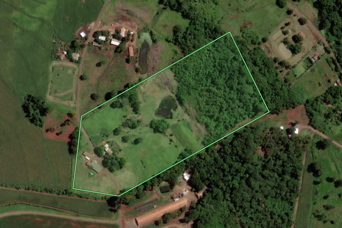 Imagem de satélite do imóvel rural em Santa Helena (PR), com o contorno declarado no CAR desenhado por cima.