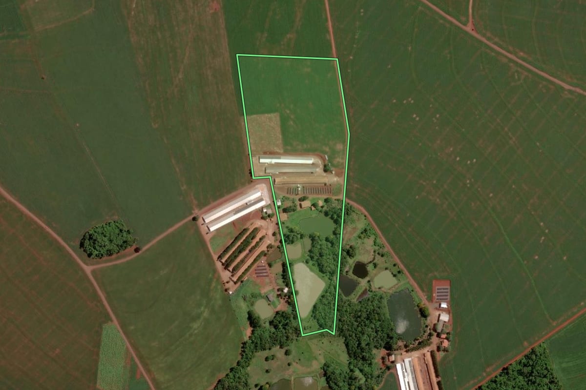 Imagem de satélite do imóvel rural em Santa Helena (PR), com o contorno declarado no CAR desenhado por cima.