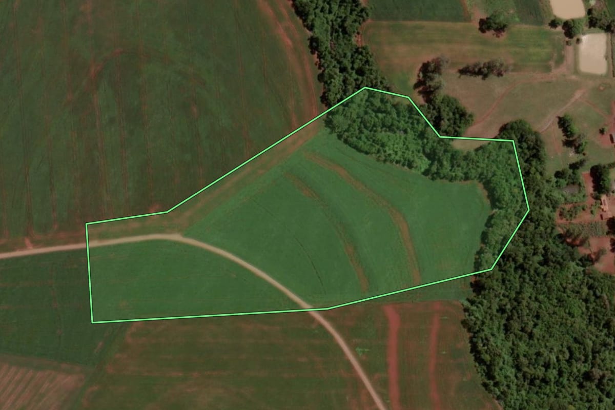 Imagem de satélite do imóvel rural em Santa Helena (PR), com o contorno declarado no CAR desenhado por cima.