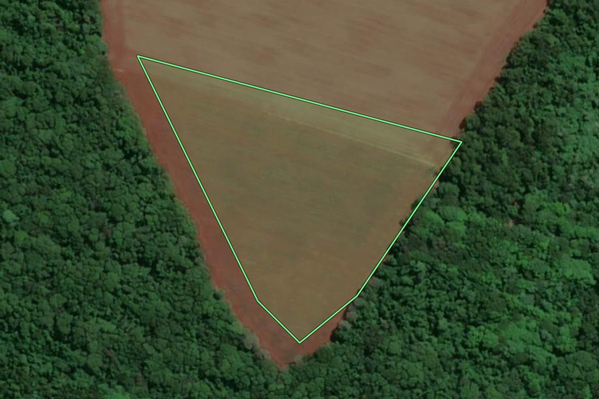 Imagem de satélite do imóvel rural em Santa Helena (PR), com o contorno declarado no CAR desenhado por cima.