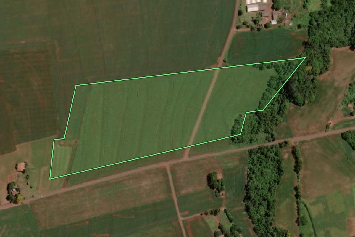 Imagem de satélite do imóvel rural em Santa Helena (PR), com o contorno declarado no CAR desenhado por cima.