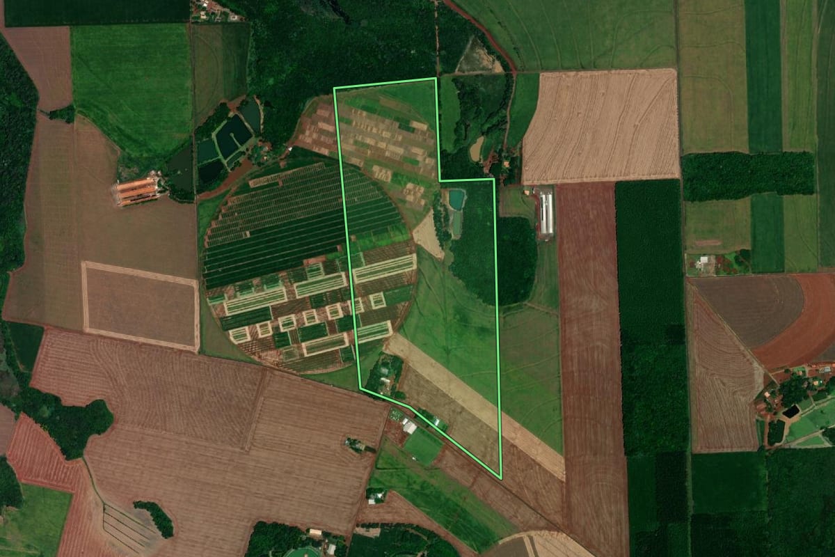 Imagem de satélite do imóvel rural em Santa Helena (PR), com o contorno declarado no CAR desenhado por cima.