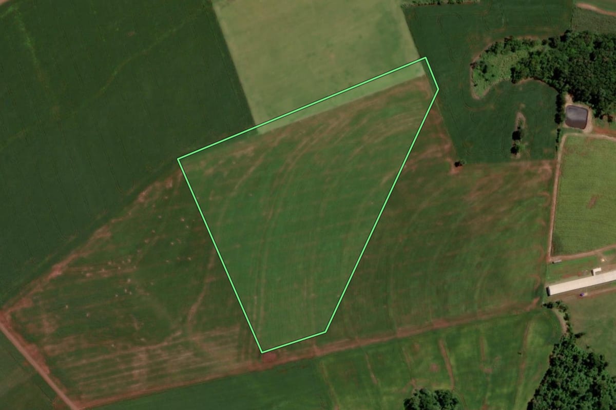 Imagem de satélite do imóvel rural em Santa Helena (PR), com o contorno declarado no CAR desenhado por cima.