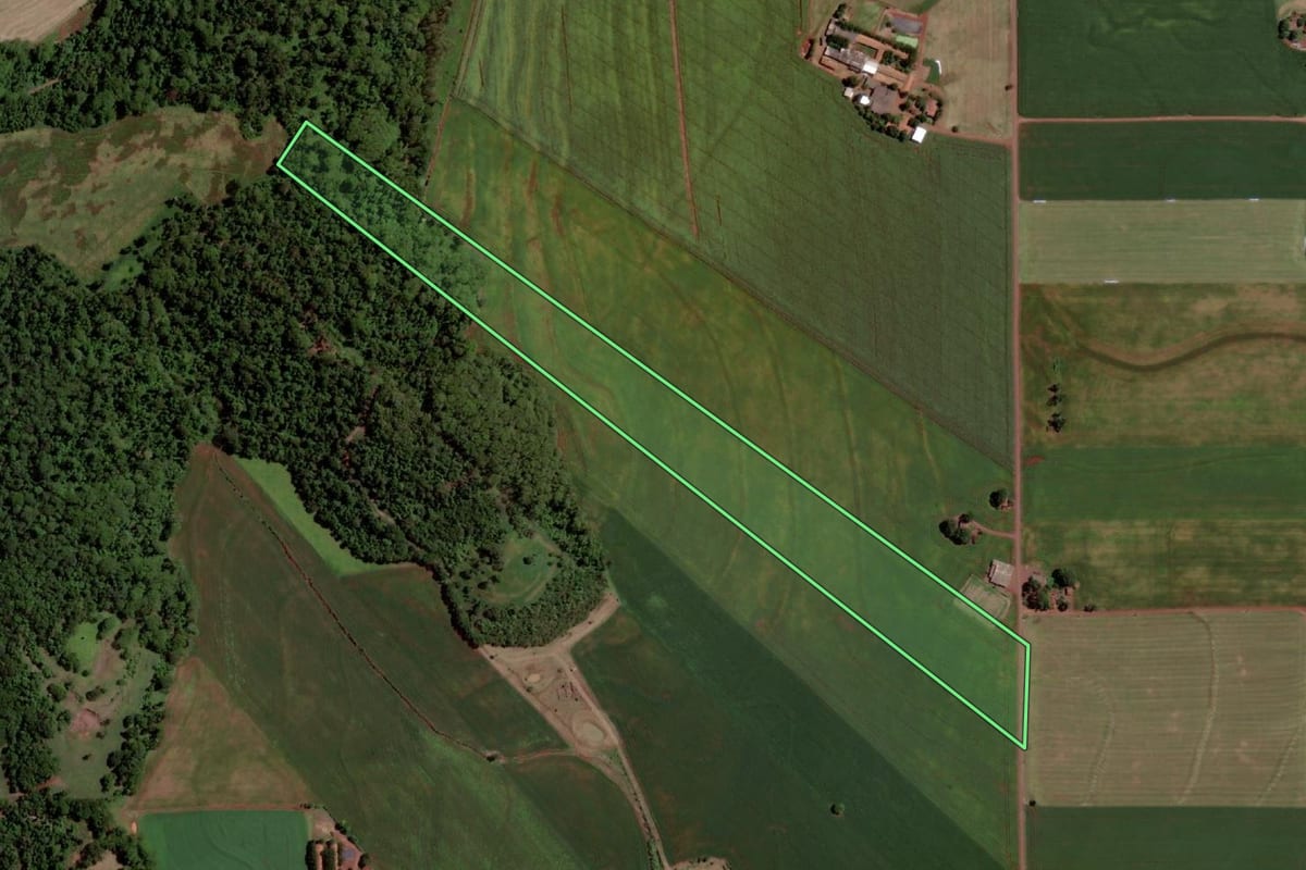 Imagem de satélite do imóvel rural em Santa Helena (PR), com o contorno declarado no CAR desenhado por cima.