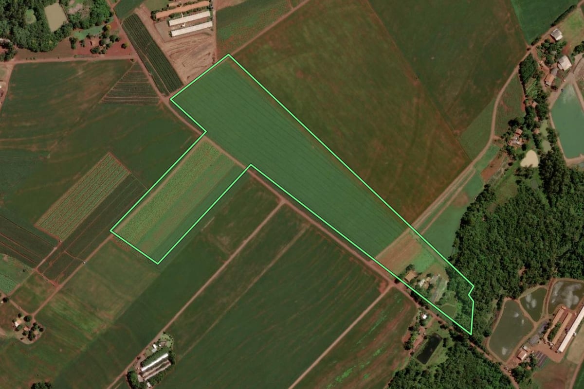 Imagem de satélite do imóvel rural em Santa Helena (PR), com o contorno declarado no CAR desenhado por cima.