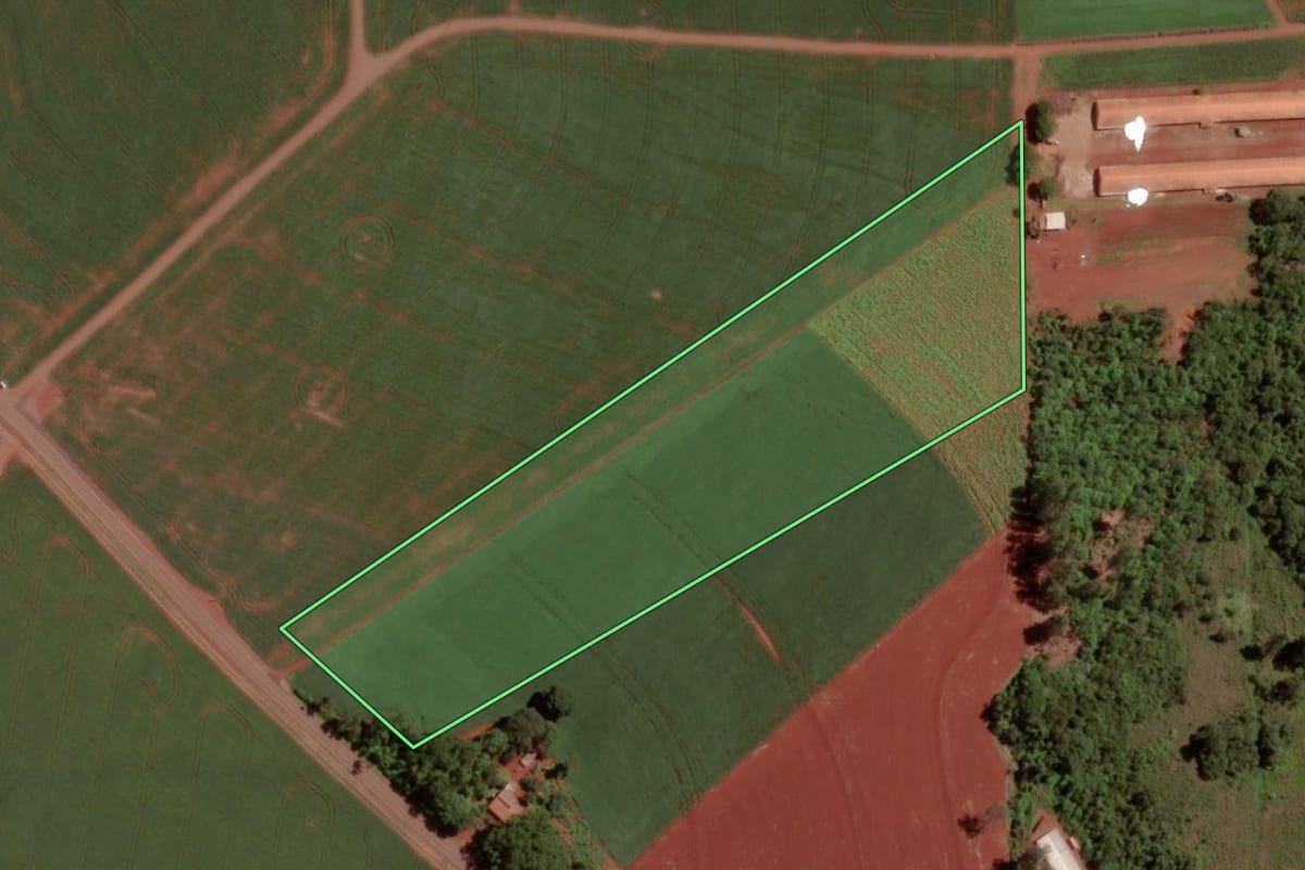 Imagem de satélite do imóvel rural em Santa Helena (PR), com o contorno declarado no CAR desenhado por cima.