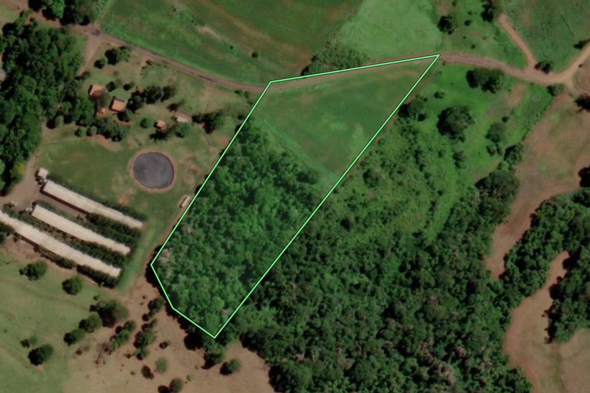 Imagem de satélite do imóvel rural em Santa Helena (PR), com o contorno declarado no CAR desenhado por cima.