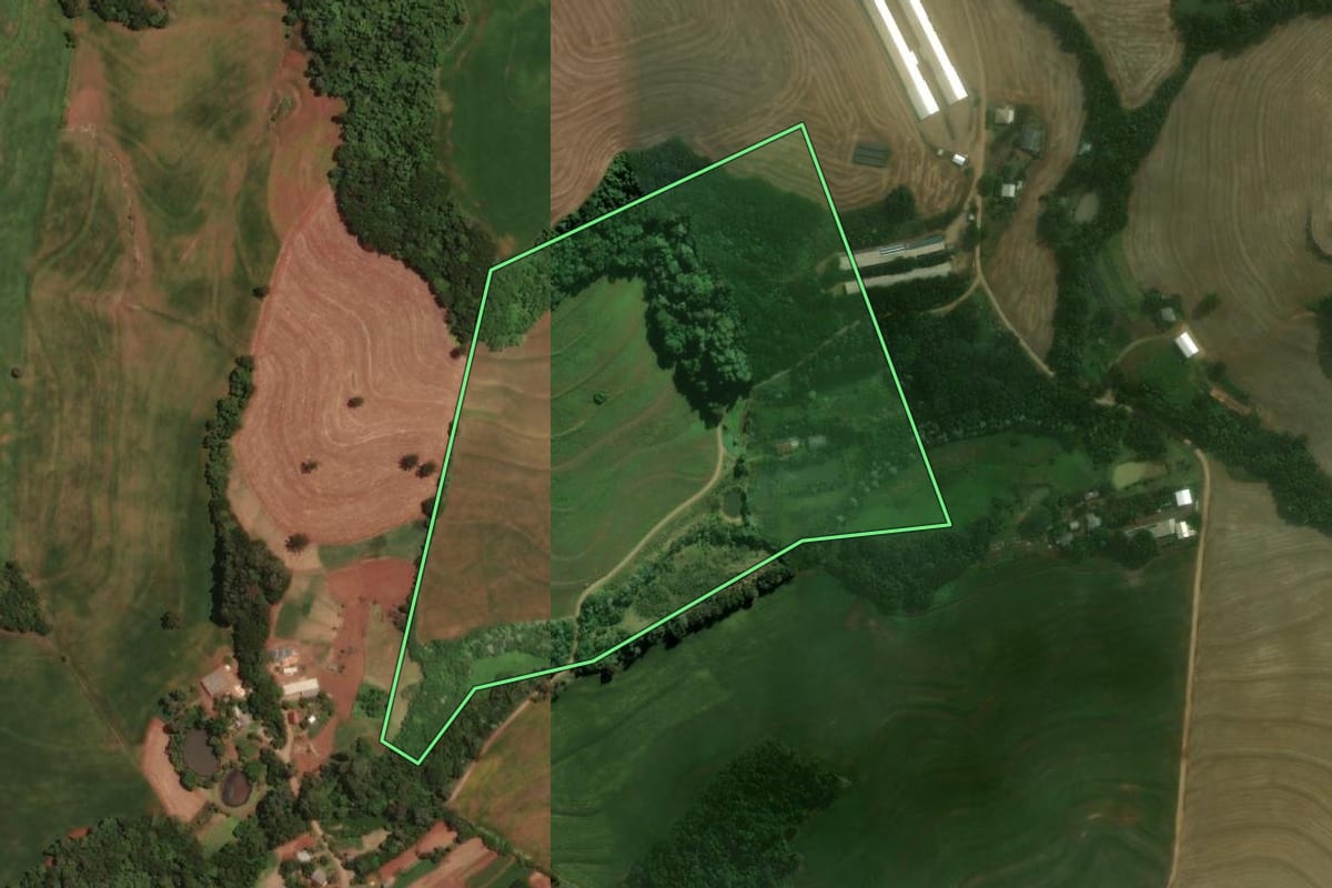Imagem de satélite do imóvel rural em Santa Izabel do Oeste (PR), com o contorno declarado no CAR desenhado por cima.