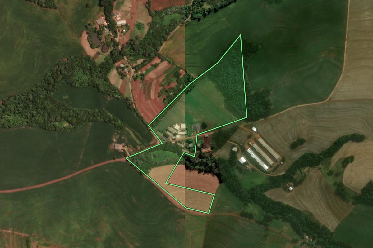 Imagem de satélite do imóvel rural em Santa Izabel do Oeste (PR), com o contorno declarado no CAR desenhado por cima.
