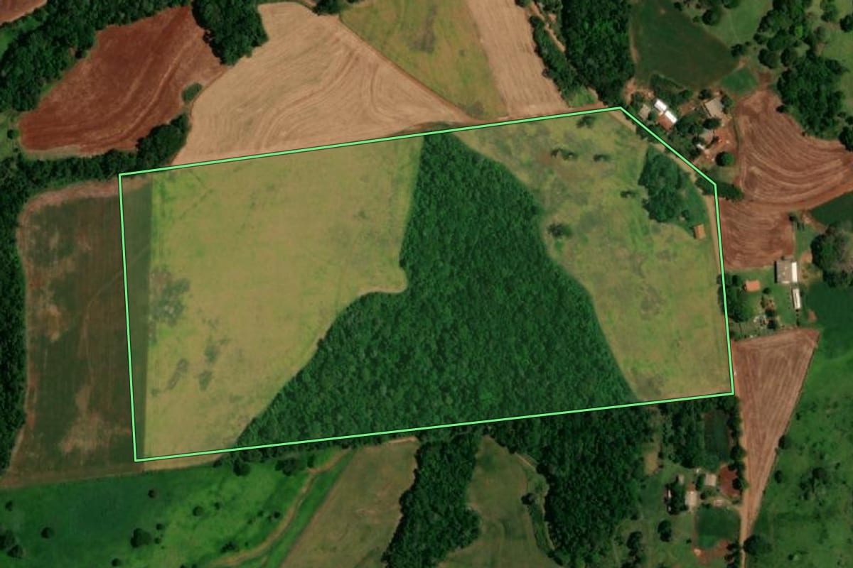 Imagem de satélite do imóvel rural em Santa Lúcia (PR), com o contorno declarado no CAR desenhado por cima.