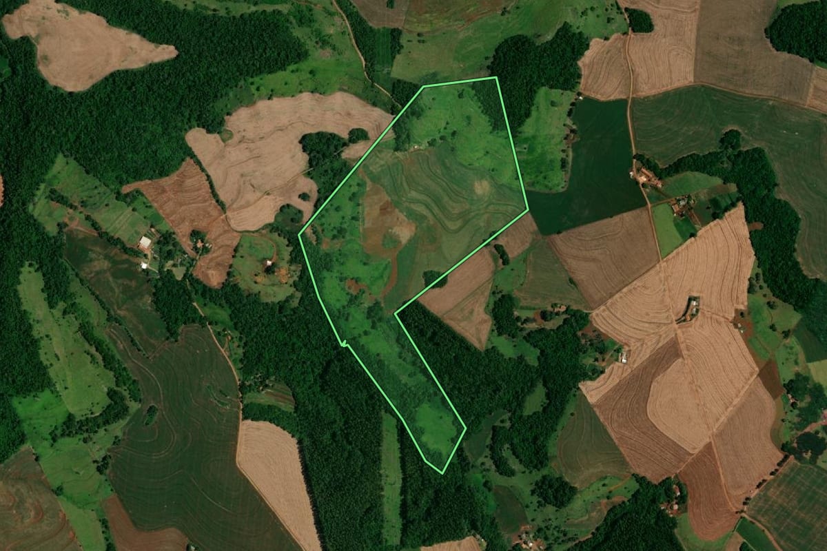 Imagem de satélite do imóvel rural em Santa Lúcia (PR), com o contorno declarado no CAR desenhado por cima.