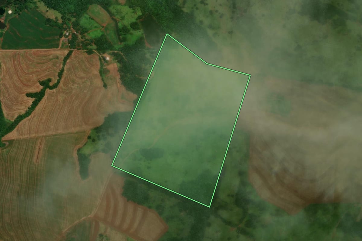 Imagem de satélite do imóvel rural em Santa Lúcia (PR), com o contorno declarado no CAR desenhado por cima.