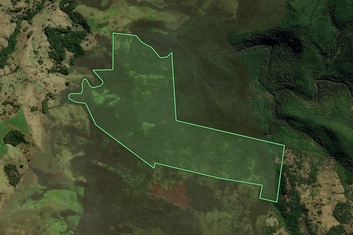 Imagem de satélite do imóvel rural em Santa Maria do Oeste (PR), com o contorno declarado no CAR desenhado por cima.