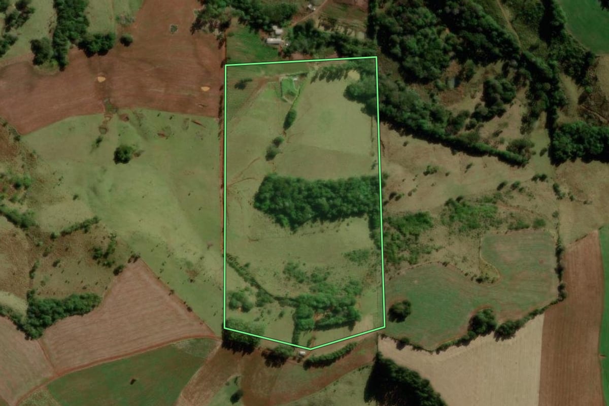 Imagem de satélite do imóvel rural em Santa Maria do Oeste (PR), com o contorno declarado no CAR desenhado por cima.
