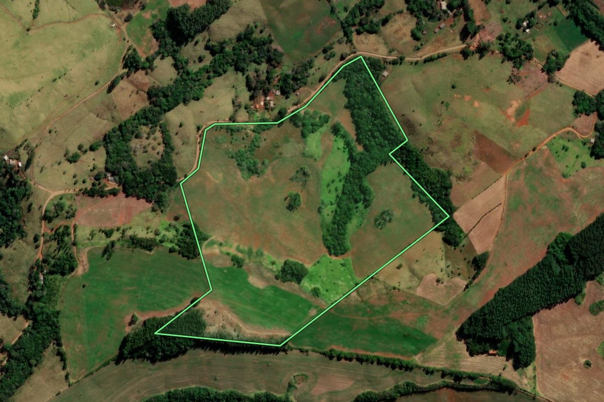 Imagem de satélite do imóvel rural em Santa Maria do Oeste (PR), com o contorno declarado no CAR desenhado por cima.