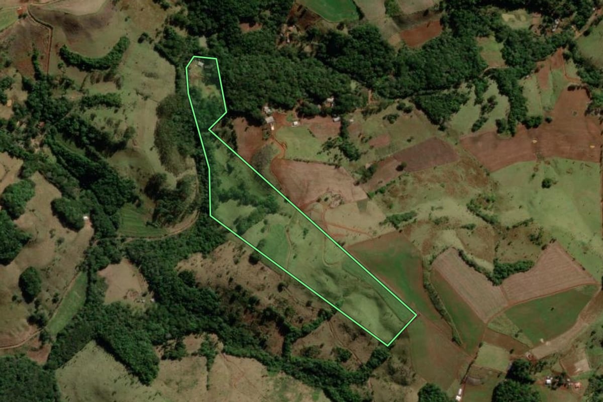 Imagem de satélite do imóvel rural em Santa Maria do Oeste (PR), com o contorno declarado no CAR desenhado por cima.