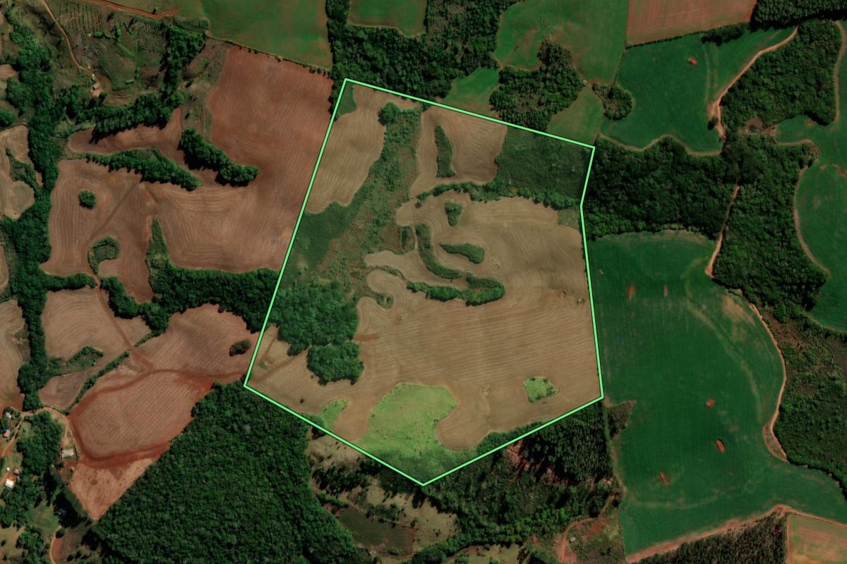Imagem de satélite do imóvel rural em Santa Maria do Oeste (PR), com o contorno declarado no CAR desenhado por cima.