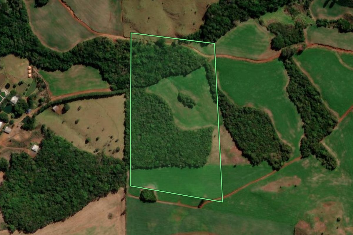 Imagem de satélite do imóvel rural em Santa Maria do Oeste (PR), com o contorno declarado no CAR desenhado por cima.