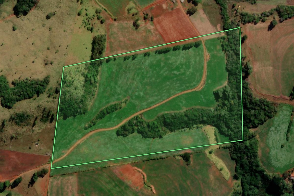 Imagem de satélite do imóvel rural em Santa Maria do Oeste (PR), com o contorno declarado no CAR desenhado por cima.